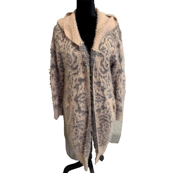 Joh Hoodie Sweater Womens S / M Open Front Long Soft Fuzzy Pink Pattern Cardigan - Picture 1 of 16